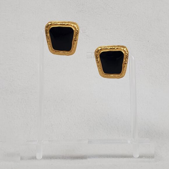 Vintage ANNE KLEIN Matte Gold Tone Black Enamel Pierced Earrings - Picture 1 of 4